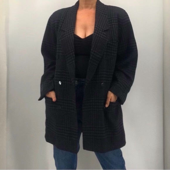 Escada Vintage 80’s Plaid Wool Oversized Double Breasted Long Boyfriend Blazer - Picture 7 of 16